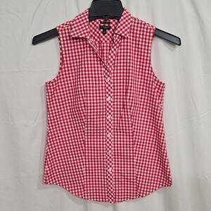 Talbots Petites Womens 2P Red White Gingham Sleeveless Button-Up 98% Cotton